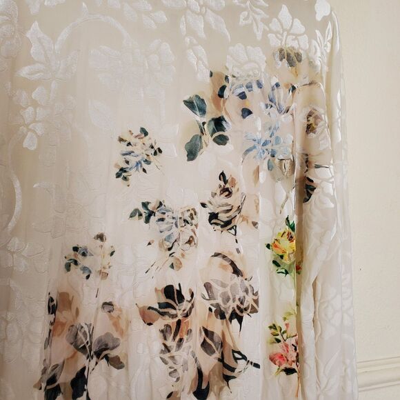 Desigual Women's XL Off-White Burnout Velvet Floral Sheer Top Gold Trim Pullover - Picture 4 of 15